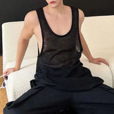 Hearujoy Mens Sexy See-Through Vest 2024 New Genderless Fashion Nightclub Youth Trend Personalized Solid Color Loose Thin Tank Top Unisex